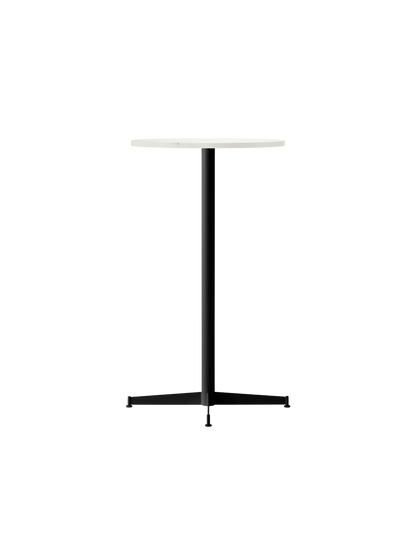 Angle view of the Nook Bar Table, featuring a round, white Estremoz marble top and a slim, black powder-coated steel base.