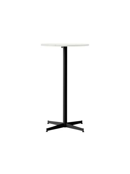 Front view of the Nook Bar Table with a round white Estremoz marble top and a tall, black powder-coated steel base.