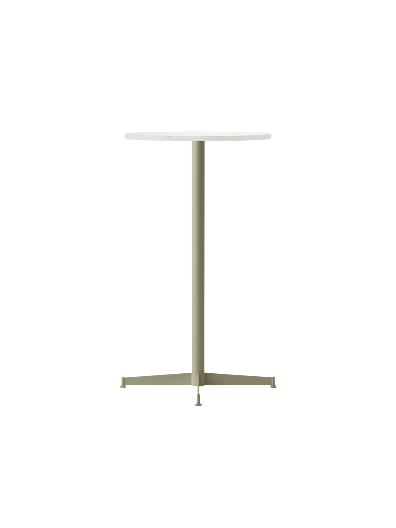 The Nook Bar Table with a round Estremoz marble top and an olive green base, shown from an angle against a black background.