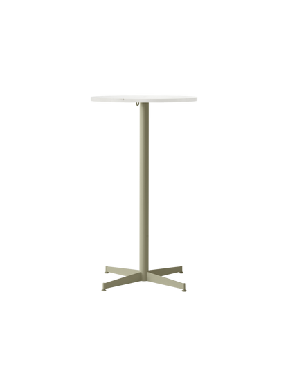 Front view of the Nook Bar Table, featuring a round Estremoz marble top and an olive green powder-coated steel pedestal base.
