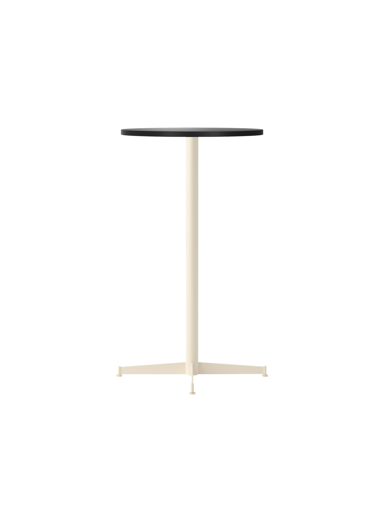 The Nook Bar Table with a round charcoal linoleum tabletop and a tall, ivory powder-coated steel base with four feet.