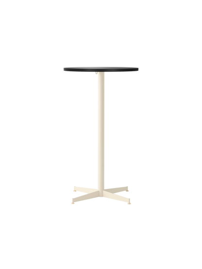 Front view of the Nook Bar Table with a round, charcoal linoleum top and a slender, ivory powder-coated steel column base.