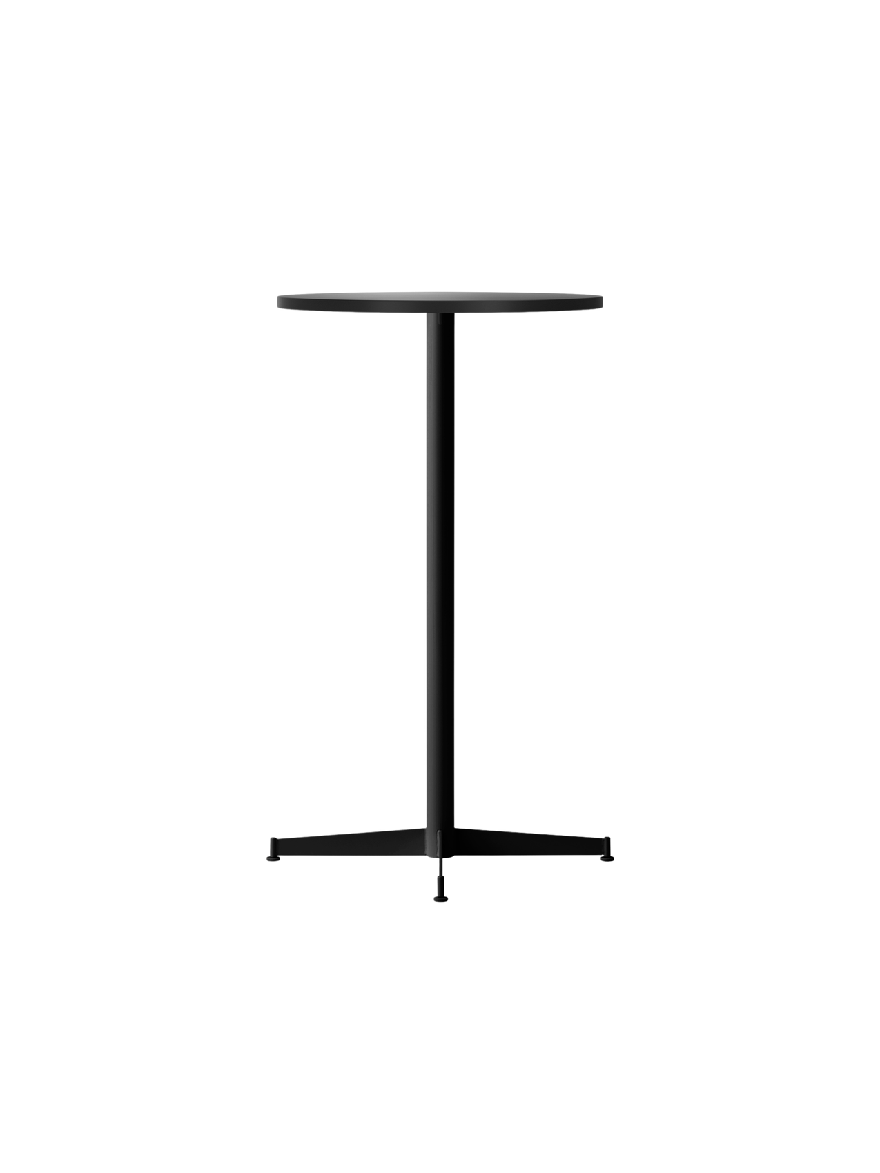 An angled view of the Nook Bar Table with a round charcoal linoleum top and a slender black steel base with four feet.