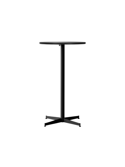 The Nook Bar Table shown from the front, with a round charcoal linoleum top and a black powder-coated steel four-legged base.
