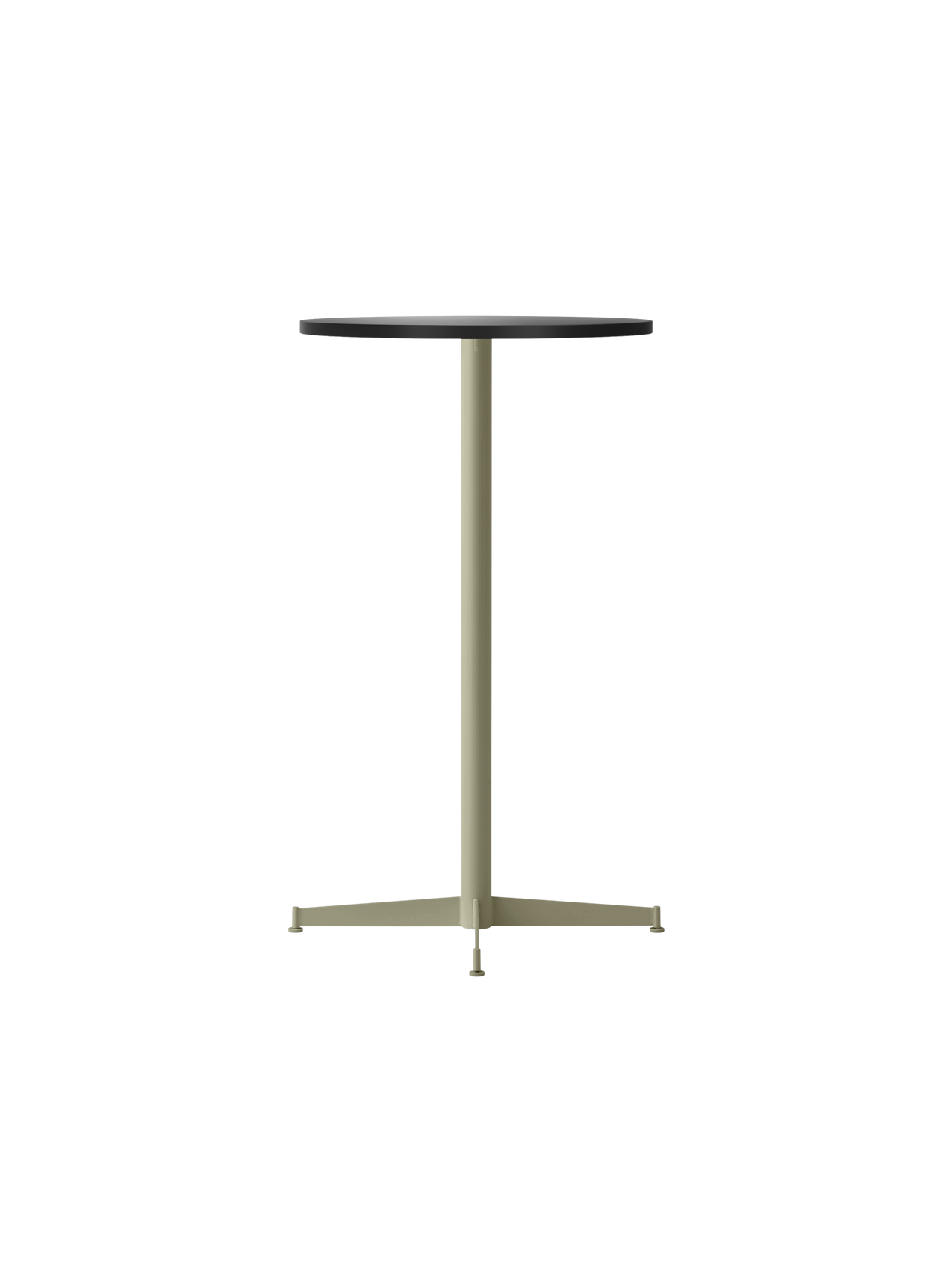The Nook Bar Table, shown at an angle, with a round charcoal linoleum tabletop and a slim olive green steel base.