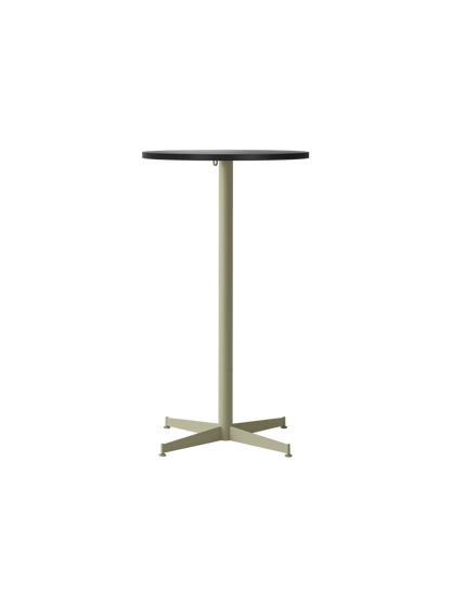 Front view of the Nook Bar Table, featuring a round charcoal linoleum top and an olive powder-coated steel pedestal base.