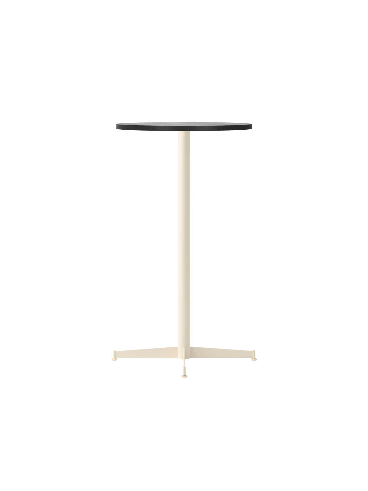 An angled shot of the Nook Bar Table, featuring a round black oak top supported by a slim, ivory-coloured pedestal base.