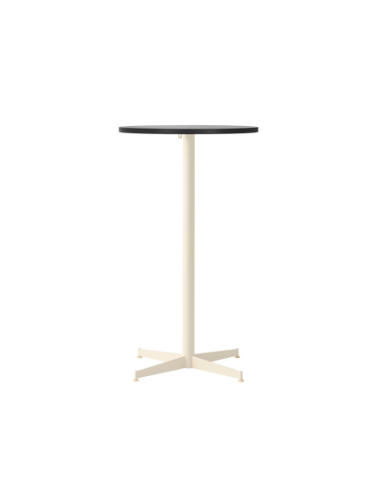 Front view of the Nook Bar Table, featuring a circular black oak veneer top supported by a slender ivory steel stem and base.