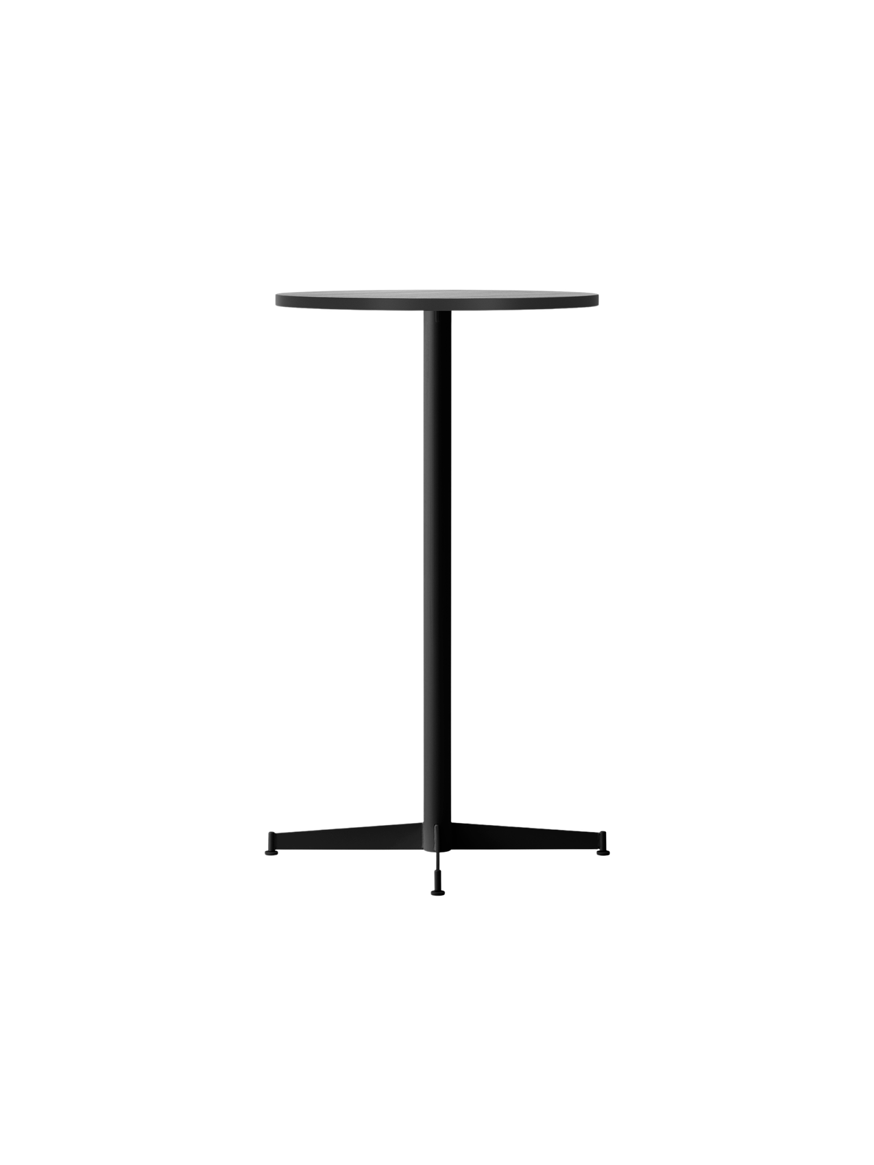 Angled view of the Nook Bar Table with a round black oak top and a black powder-coated steel base with four feet.