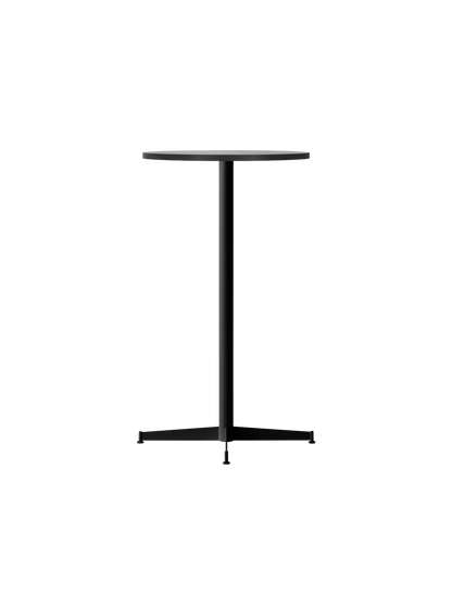 Angled view of the Nook Bar Table with a round black oak top and a black powder-coated steel base with four feet.