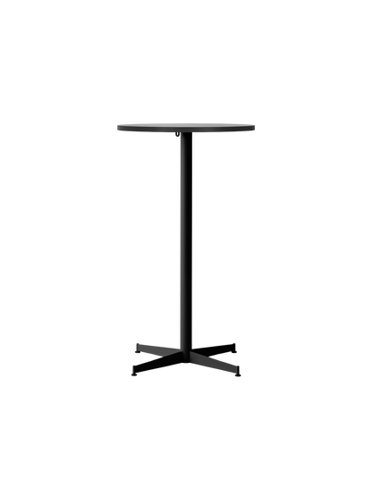 Front view of the Nook Bar Table, featuring a round black oak tabletop on a slim, black steel pedestal with an X-shaped base.