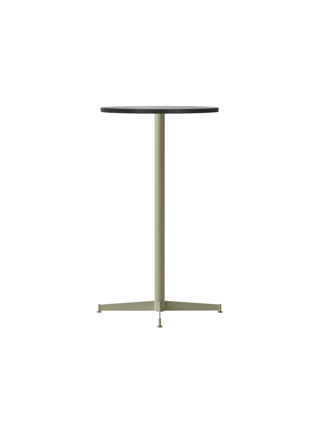 Angled view of the Nook Bar Table with a round black oak top on an olive green powder-coated steel column and cross base.