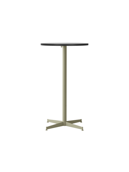 Front view of the Nook Bar Table with a circular black oak veneer top and an olive powder-coated steel pedestal base.