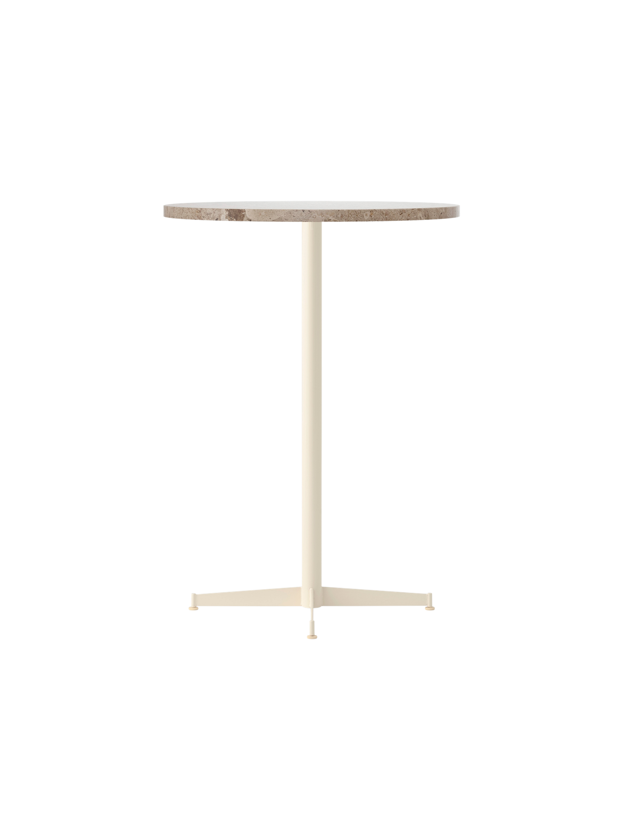 The Nook Bar Table with a round Kunis Breccia stone top and a slender, ivory powder-coated steel pedestal base.