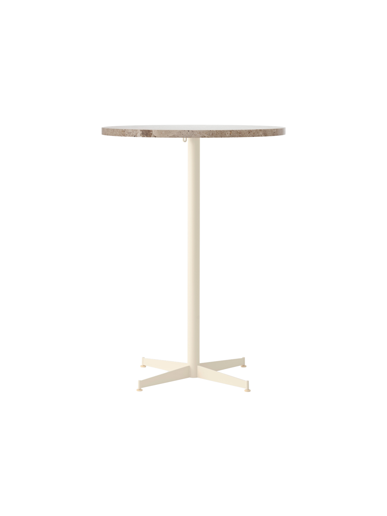 Front view of the Nook Bar Table with a round Kunis Breccia stone top on a slender ivory-coloured steel base with four feet.