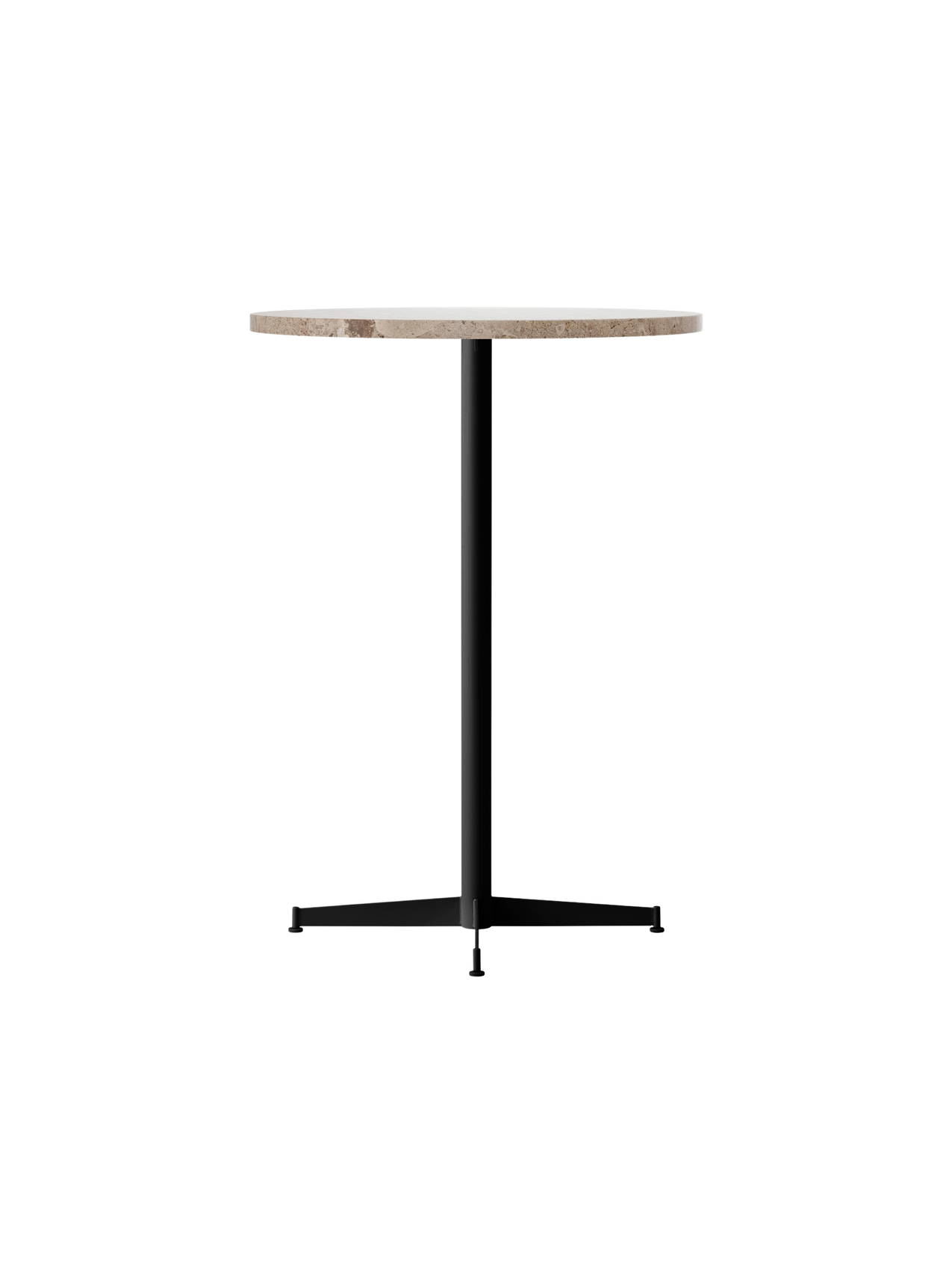 An angled view of the Nook Bar Table, featuring a round, beige Kunis Breccia stone top and a slim black pedestal base.