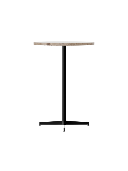 An angled view of the Nook Bar Table, featuring a round, beige Kunis Breccia stone top and a slim black pedestal base.