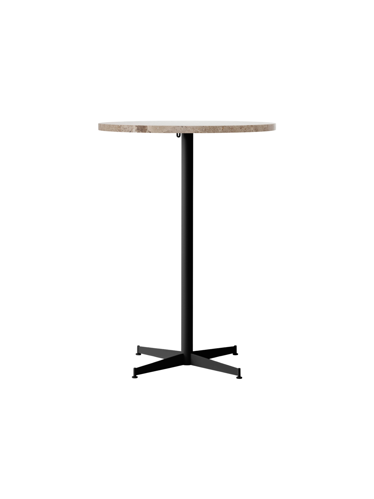 Front view of the Nook Bar Table with a round Kunis Breccia stone top and a slim black powder-coated steel pedestal base.
