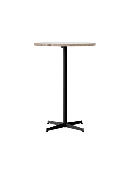 Front view of the Nook Bar Table with a round Kunis Breccia stone top and a slim black powder-coated steel pedestal base.