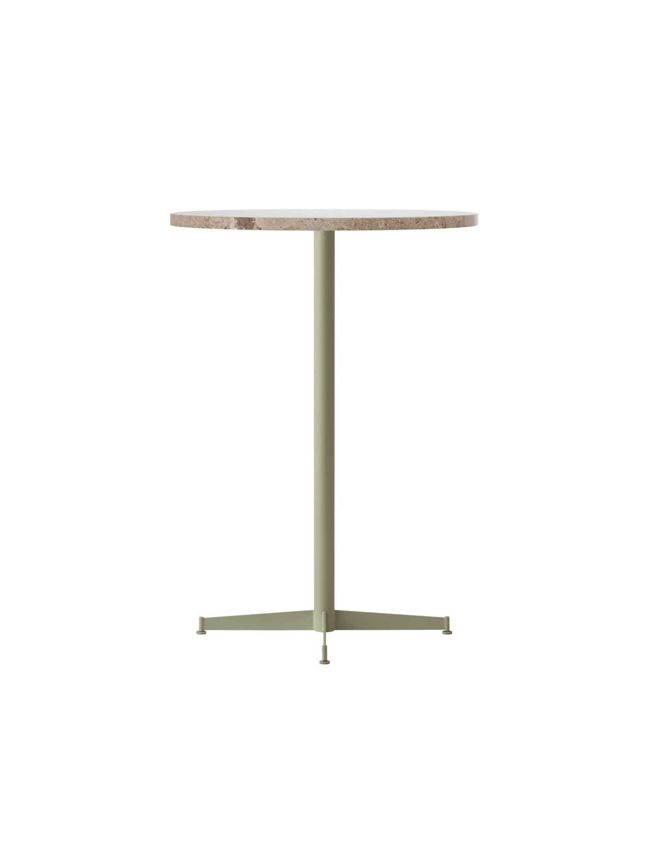 An angled view of the Nook Bar Table with a round Kunis Breccia stone top and an olive-coloured powder-coated steel base.