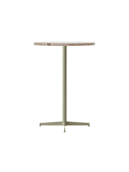 An angled view of the Nook Bar Table with a round Kunis Breccia stone top and an olive-coloured powder-coated steel base.