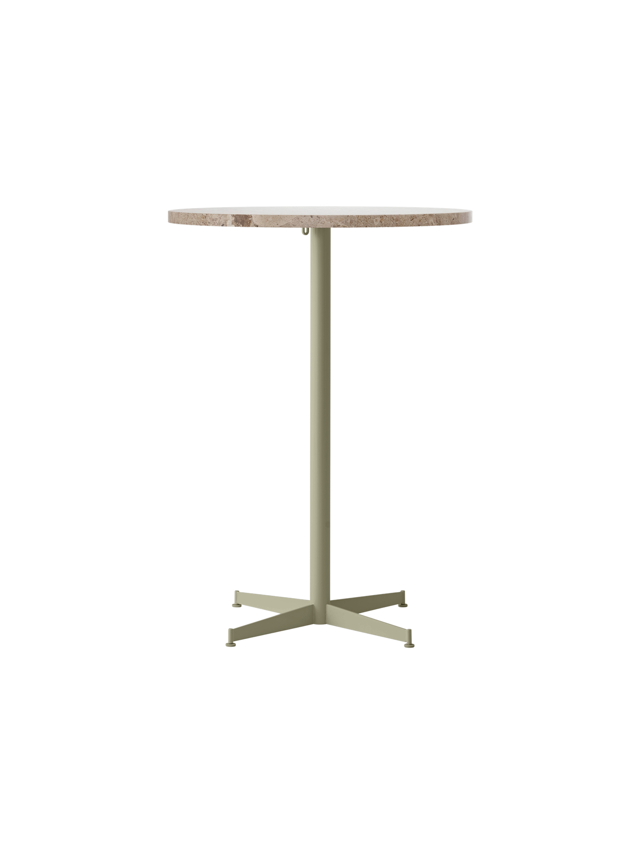 Front view of the Nook Bar Table with a round Kunis Breccia stone top and an olive powder-coated steel pedestal base.