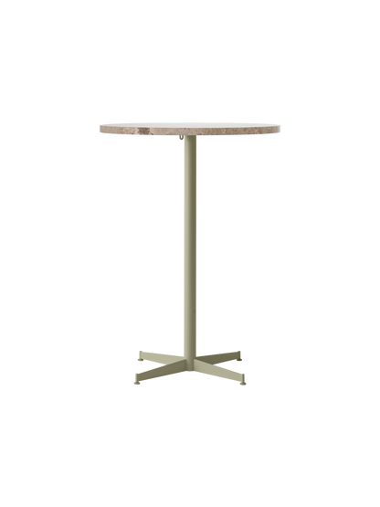 Front view of the Nook Bar Table with a round Kunis Breccia stone top and an olive powder-coated steel pedestal base.