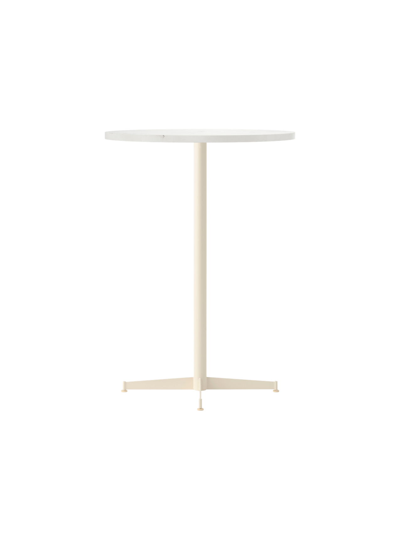 Angle view of the Nook Bar Table with a round white top and an ivory pedestal base with four feet, on a black background.
