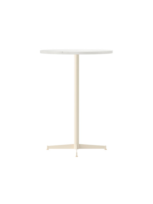 Angle view of the Nook Bar Table with a round white top and an ivory pedestal base with four feet, on a black background.