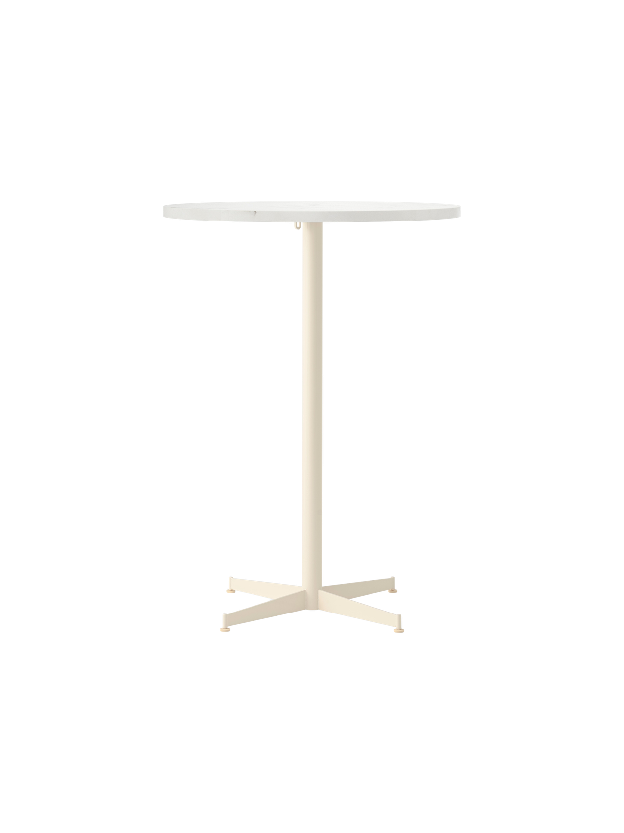 Front view of the Nook Bar Table, featuring a round white top and a slender ivory-coloured pedestal base with a 4-star foot.
