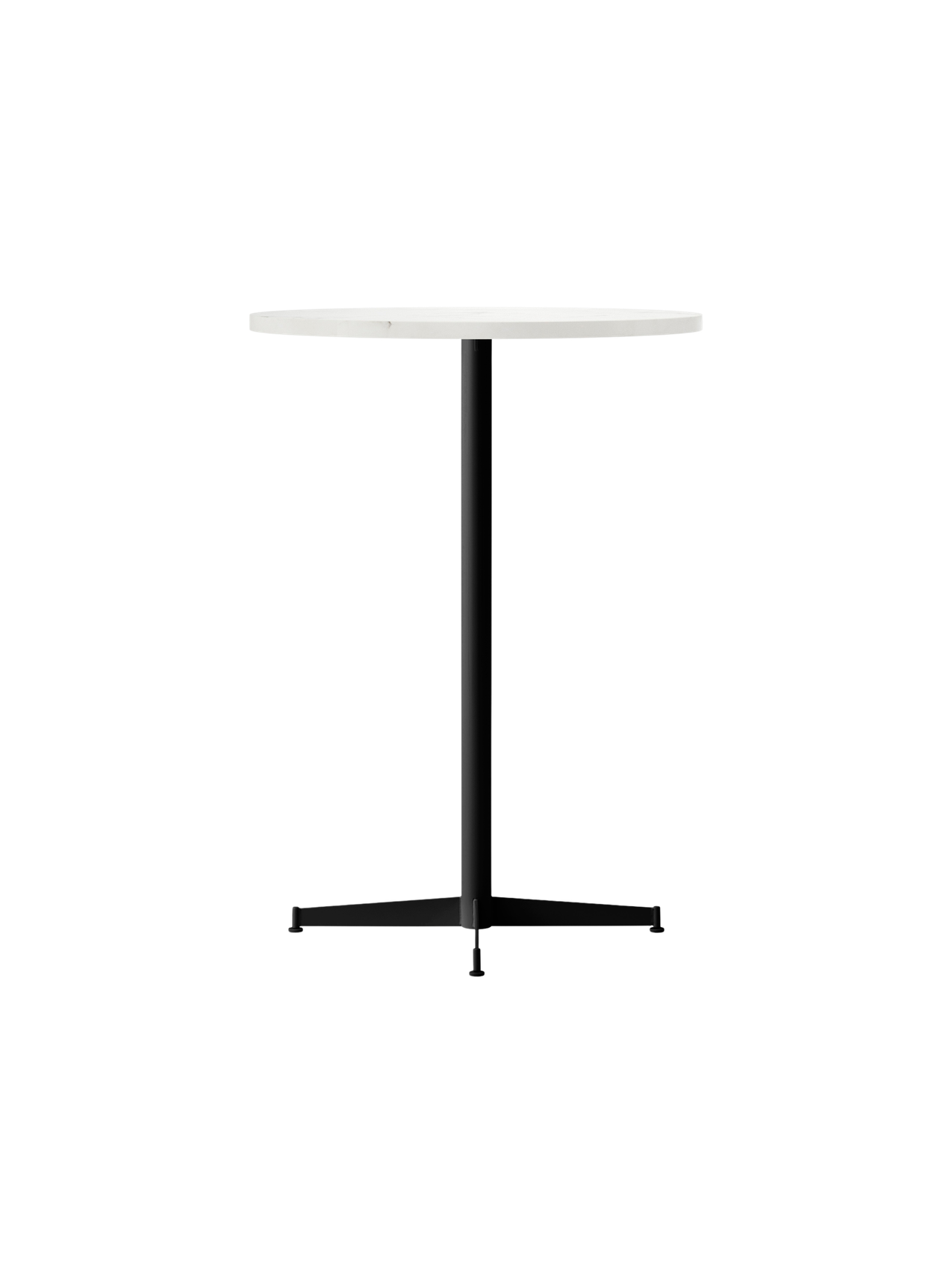 An angled, studio shot of the Nook Bar Table, featuring a round, light-coloured top and a slender black base with four feet.