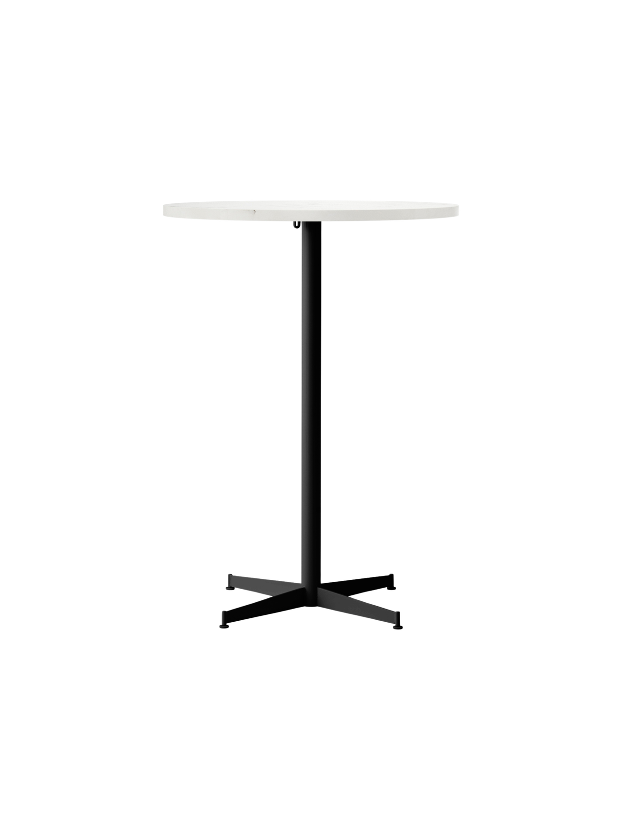 A front-facing studio shot of the Nook Bar Table, featuring a round white top and a slim black base with a four-pronged foot.