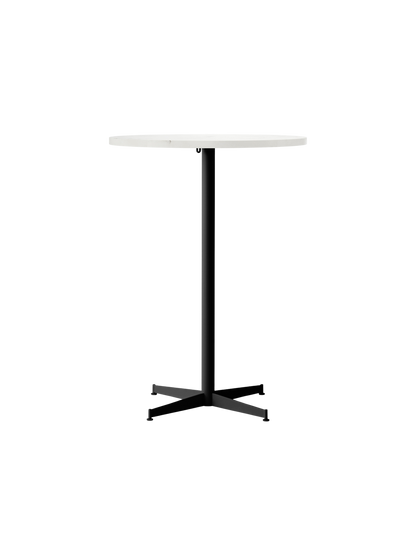 A front-facing studio shot of the Nook Bar Table, featuring a round white top and a slim black base with a four-pronged foot.