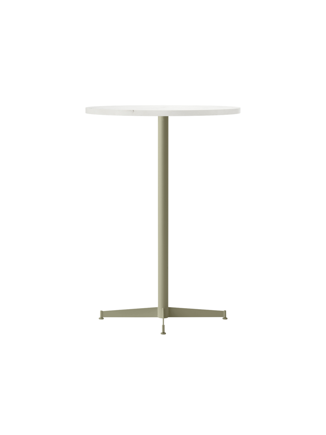 The Nook Bar Table shown from an angle, featuring a round white tabletop and a slim, ivory powder-coated steel pedestal base.