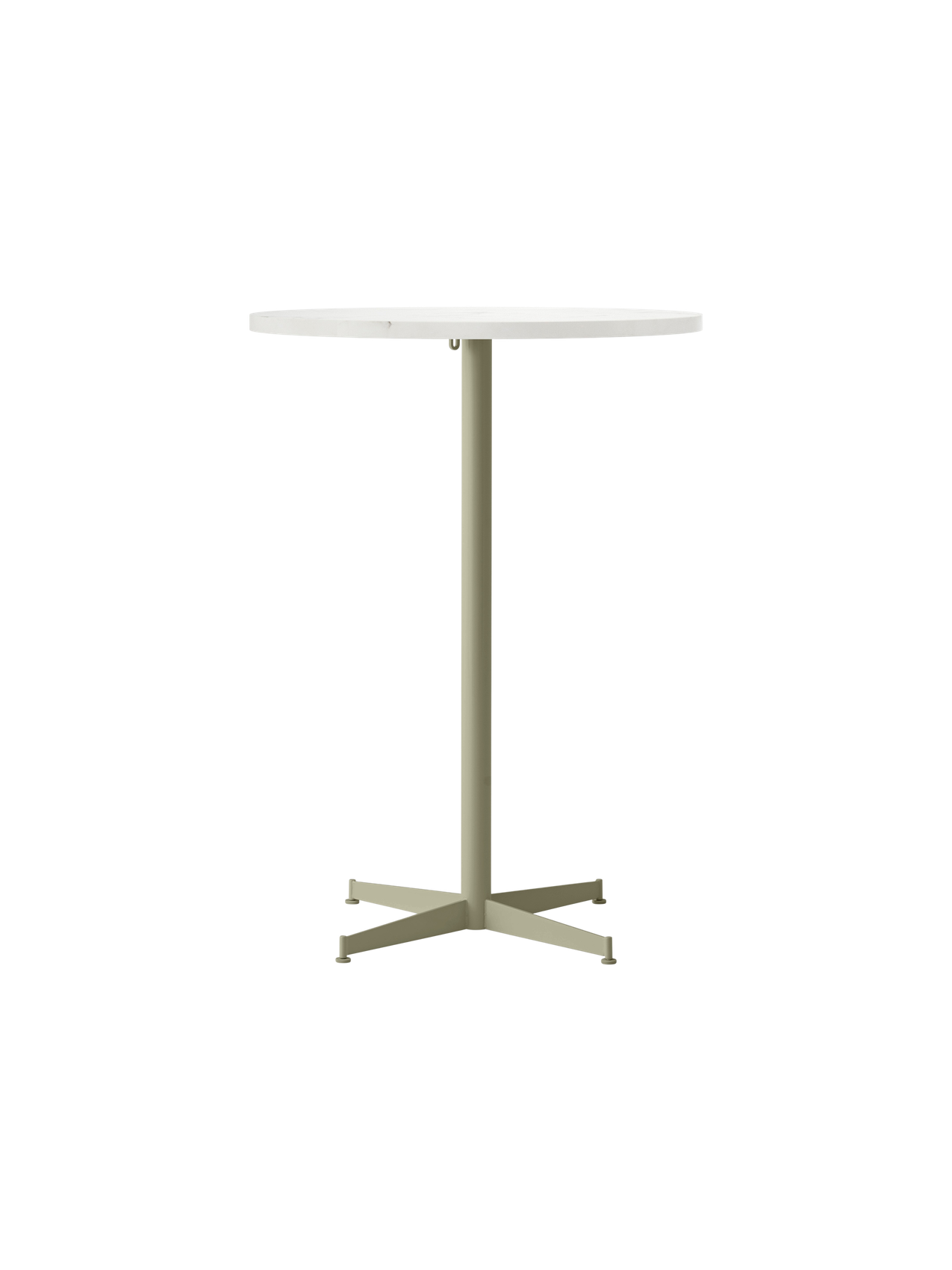 Nook Bar Table with a round, light-coloured top and a slender, ivory-coloured steel base with four feet.