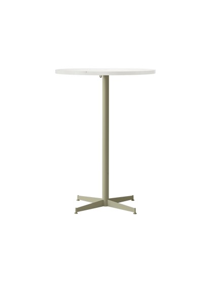 Nook Bar Table with a round, light-coloured top and a slender, ivory-coloured steel base with four feet.