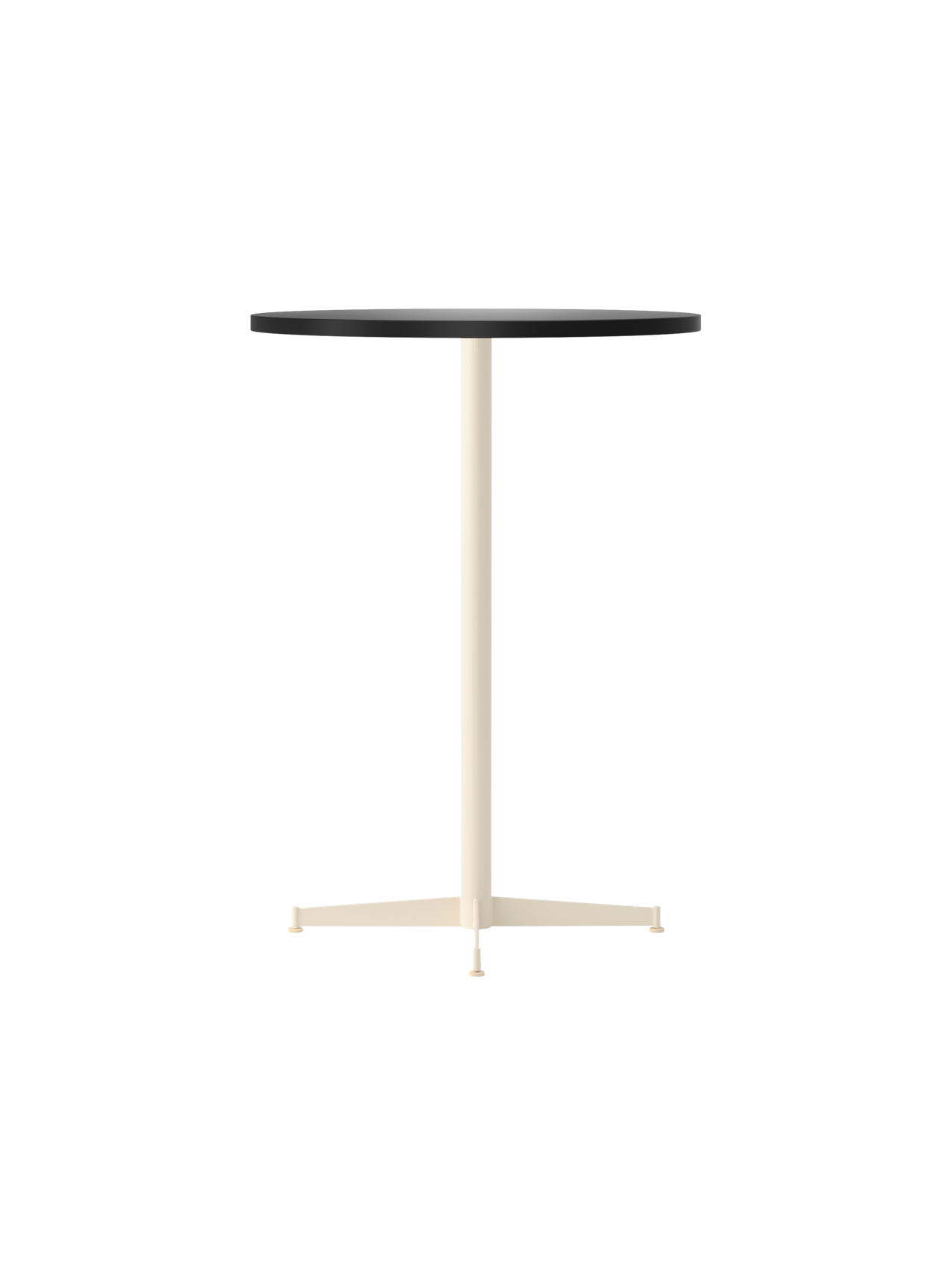 An angled shot of the Nook Bar Table with a round, charcoal linoleum tabletop and a slim, ivory-coloured pedestal base.