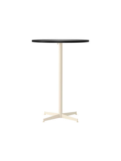 Front view of the Nook Bar Table, featuring a dark, round tabletop on a slender ivory stem and matching four-star base.
