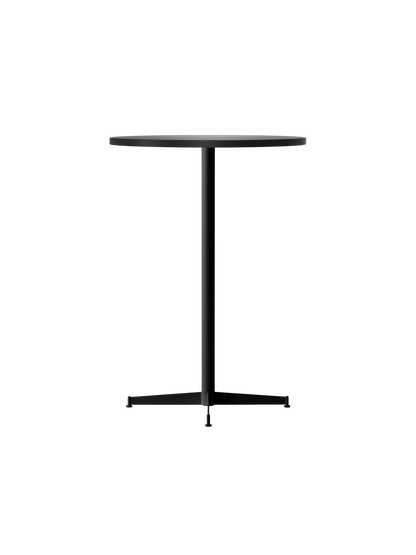 The Nook Bar Table with a dark, round top and a black powder-coated steel pedestal base, shown from an angle.