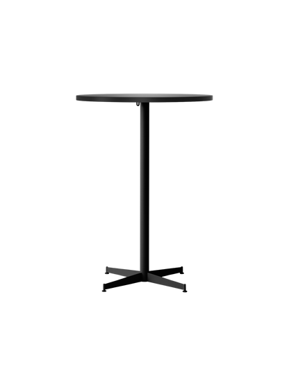 Front view of the Nook Bar Table, featuring a circular top and a slender black central leg with a four-pronged base.