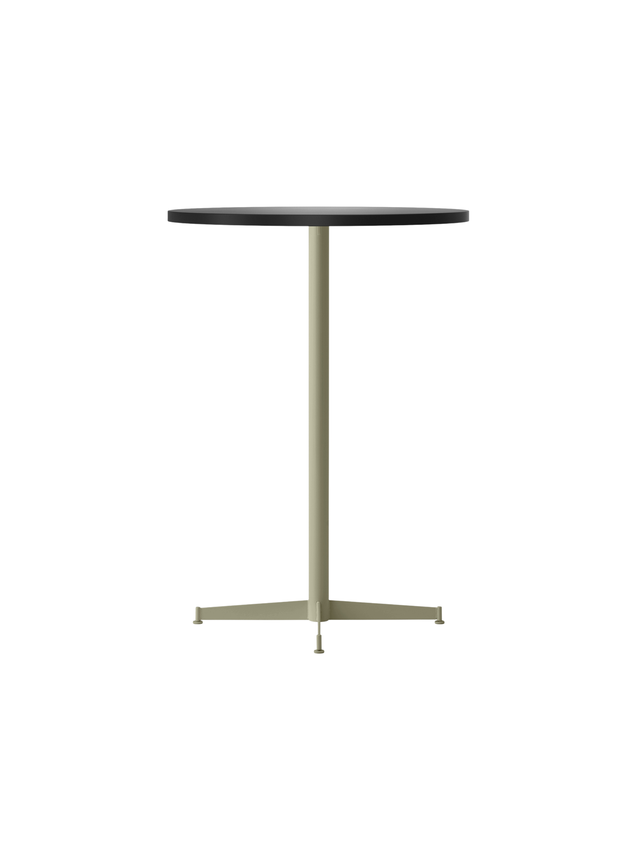 An angle view of the Nook Bar Table, featuring a dark circular tabletop on a tall, slender olive powder-coated steel base.