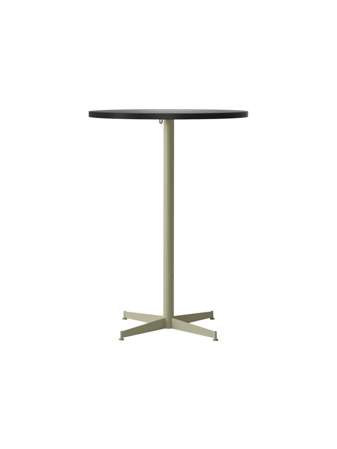 Front view of the Nook Bar Table with a round charcoal linoleum top and a slender ivory powder-coated steel pedestal base.