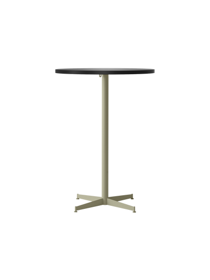Front view of the Nook Bar Table with a round charcoal linoleum top and a slender ivory powder-coated steel pedestal base.