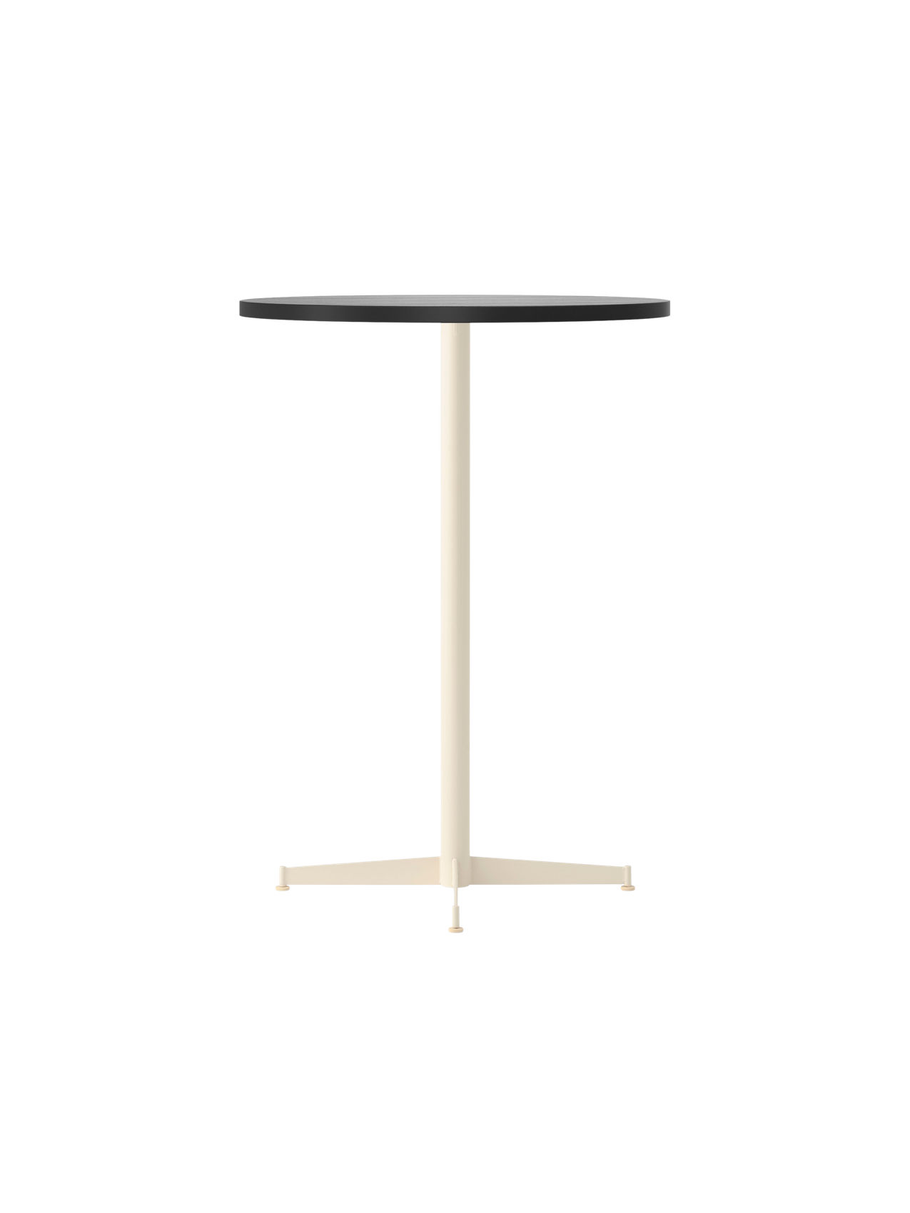 The Nook Bar Table seen from an angle, showing its dark circular tabletop and slender ivory-coloured pedestal base.