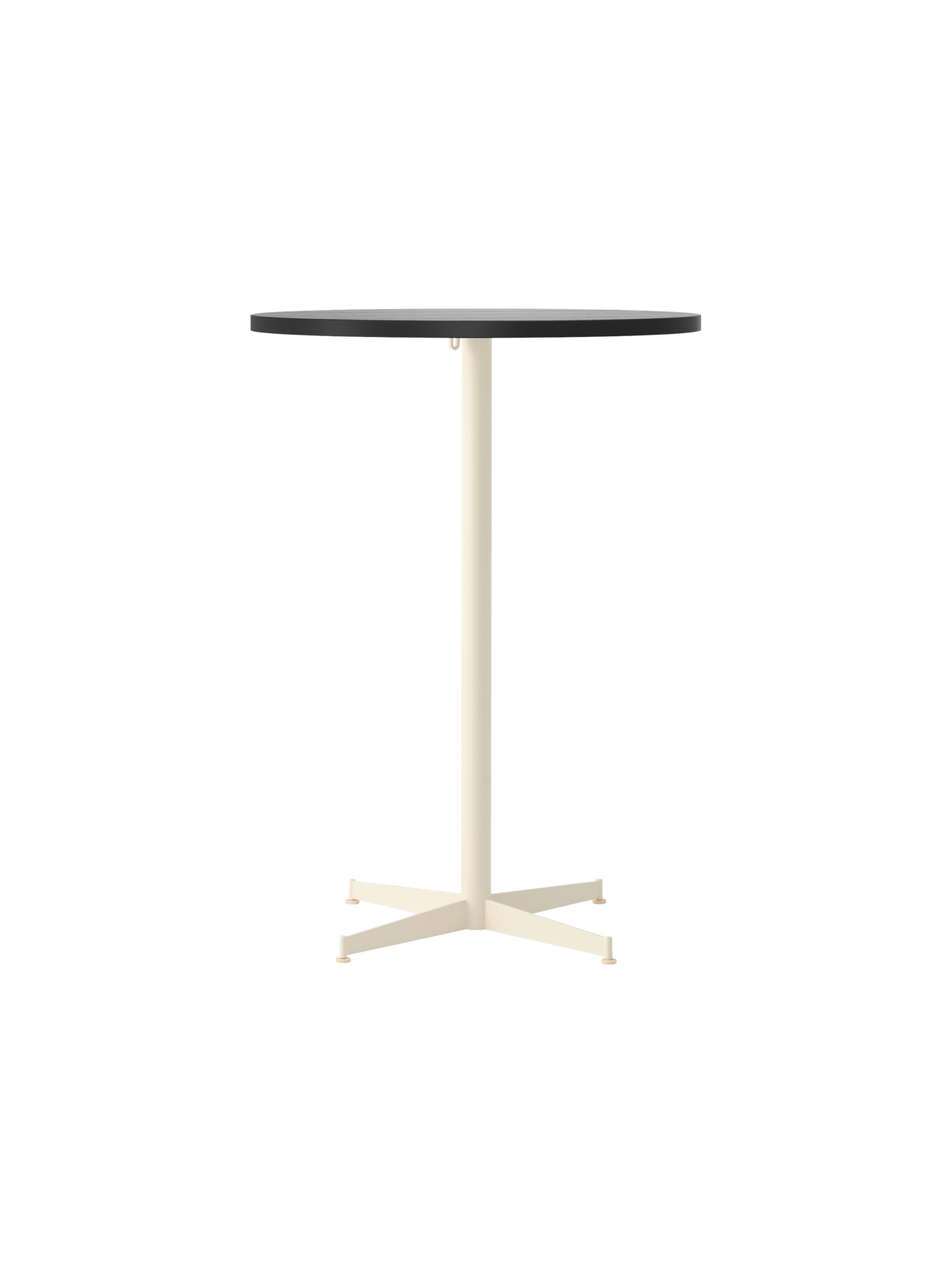 Front view of the Nook Bar Table, with a charcoal linoleum round tabletop and a powder-coated steel base in ivory.