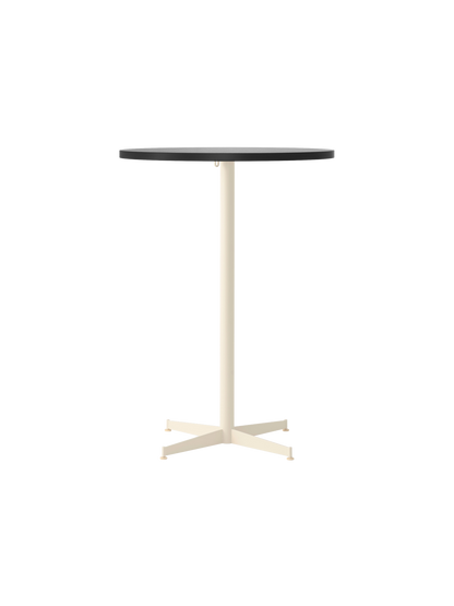 Front view of the Nook Bar Table, with a charcoal linoleum round tabletop and a powder-coated steel base in ivory.