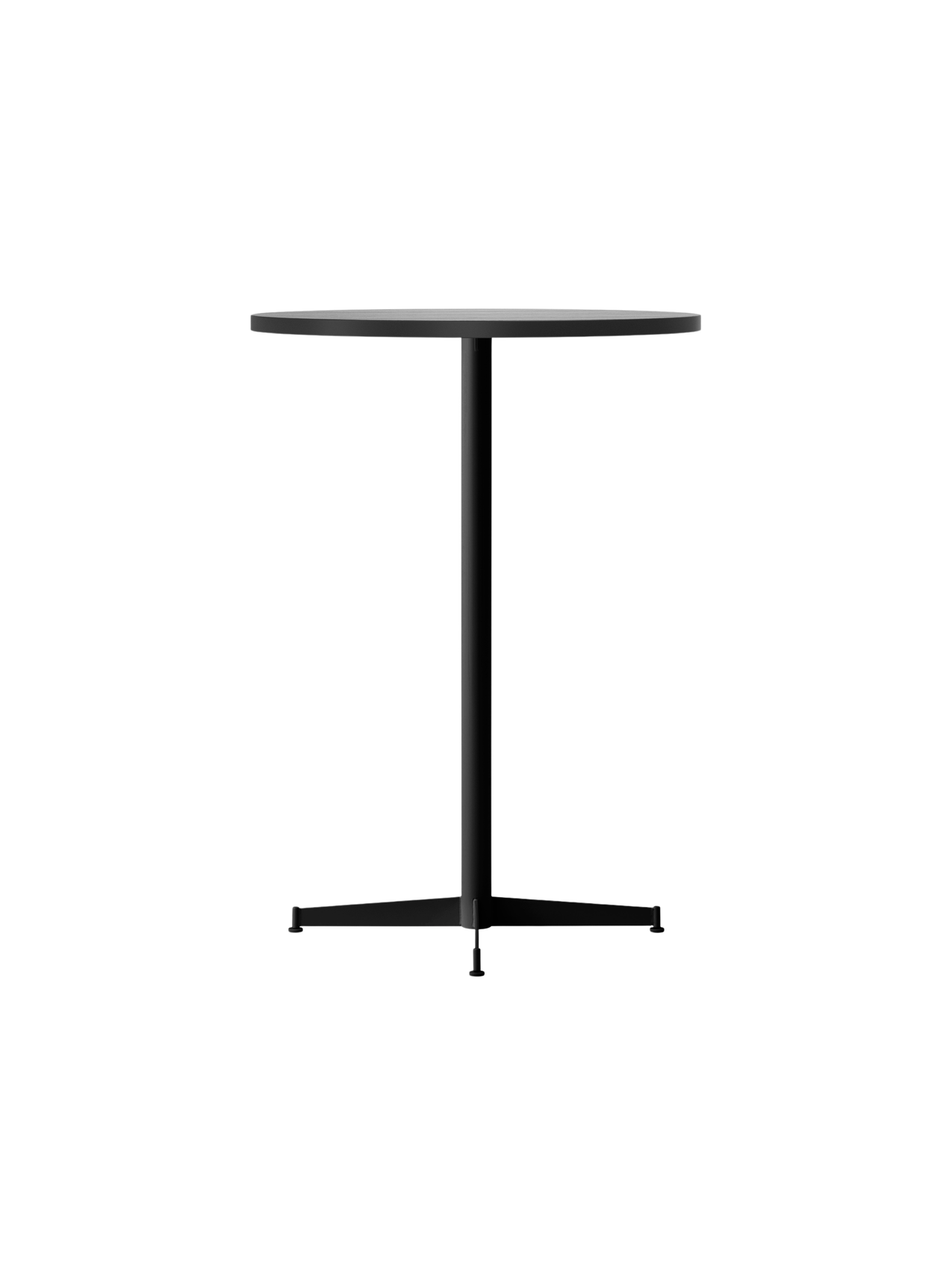 Angled view of the Nook Bar Table with a light round tabletop and a black powder-coated steel base on a black background.