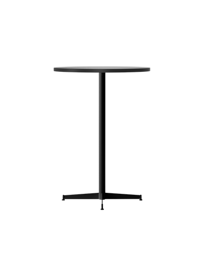 Angled view of the Nook Bar Table with a light round tabletop and a black powder-coated steel base on a black background.
