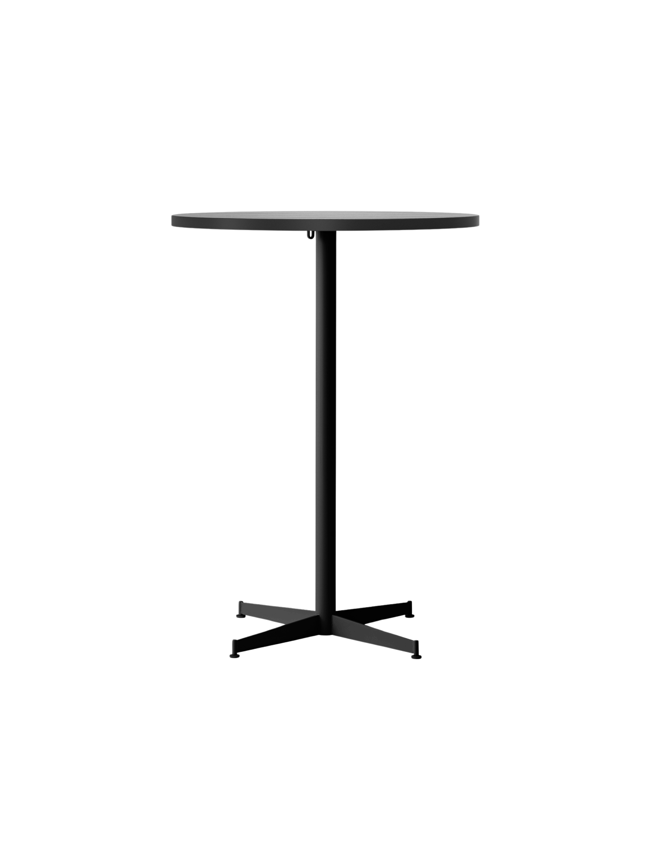 Front view of the Nook Bar Table, featuring a round light-coloured tabletop and a black powder-coated steel base.