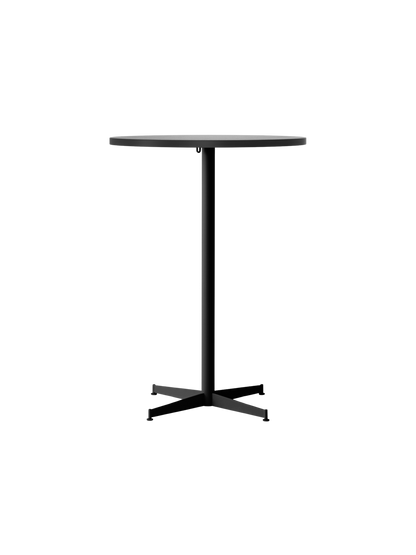 Front view of the Nook Bar Table, featuring a round light-coloured tabletop and a black powder-coated steel base.